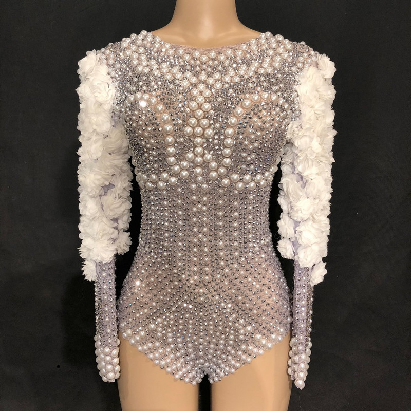 Stage Sparkly Rhinestones Pearls Bodysuit White Flowers Naiste sünnipäeva Tähista lava laulja DS Show ööklubi trikoo