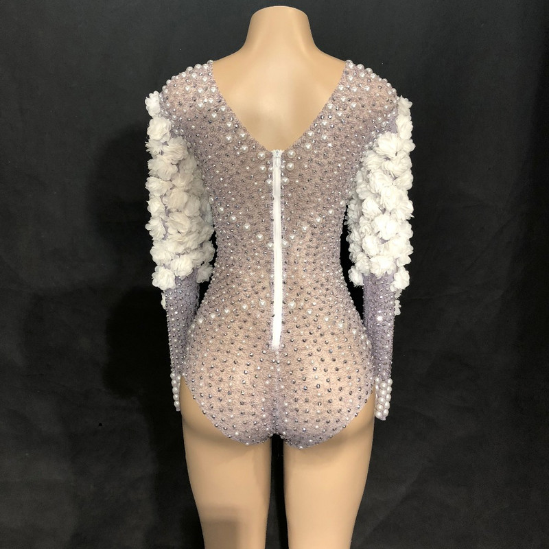 Stage Sparkly Rhinestones Pearls Bodysuit White Flowers Naiste sünnipäeva Tähista lava laulja DS Show ööklubi trikoo