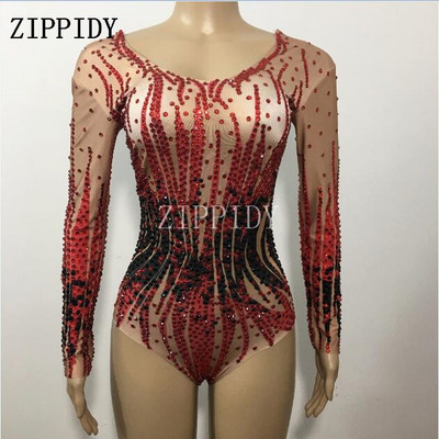 Säravmust-punased rhinestones seksikas body Full Stones ühes tükis laulja tantsukostüüm ööklubi balliõhtu sünnipäeva tähistamine trikood