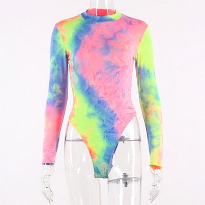 Rainbow Colorful Tie Dye μακρυμάνικο Skinny κορμάκι Γυναικείο Σέξι Colorblock Φθινόπωρο Bodycon Romper Streetwear Club Ολόσωμες φόρμες