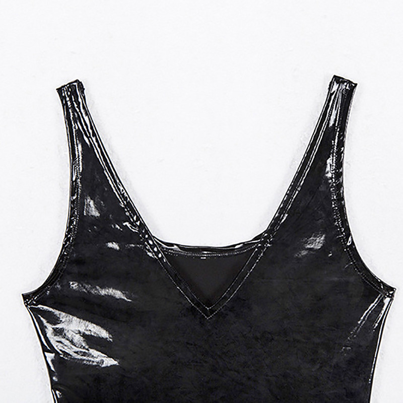 Σέξι γυναικεία μονόχρωμη φόρμα με βαθύ V λαιμόκοψη, αμάνικη φόρμα από συνθετικό δέρμα, κατάλληλη για Shopping Dating Party Club Bar