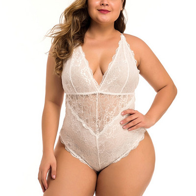 Body cu bretele din dantelă de mărime mare Salopetă sexy fără spate Body pentru femei din plasă din dantelă transparentă cu decupări Teddy Push Up Body Babydoll #W