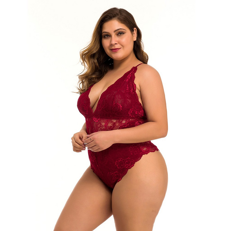 Body cu bretele din dantelă de mărime mare Salopetă sexy fără spate Body pentru femei din plasă din dantelă transparentă cu decupări Teddy Push Up Body Babydoll #W