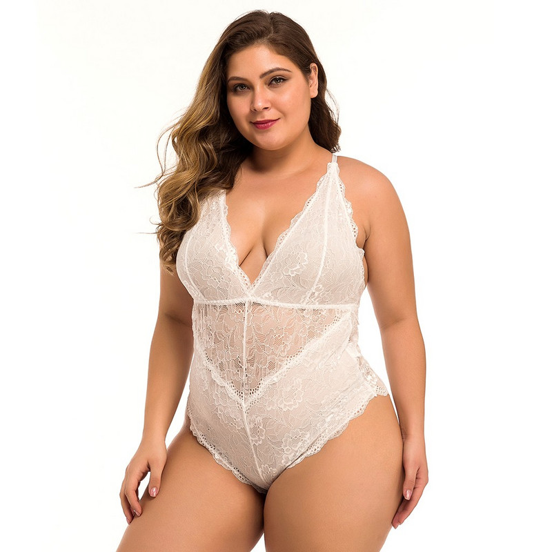 Body cu bretele din dantelă de mărime mare Salopetă sexy fără spate Body pentru femei din plasă din dantelă transparentă cu decupări Teddy Push Up Body Babydoll #W