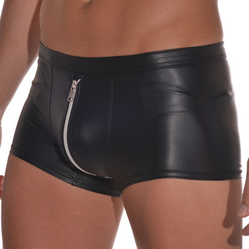 Боксерки Секси мъжки боксерки PU кожени мъжки къси панталони Slip  Pouch Hot Man Underwear Bulge Zipper Open Butt Panties