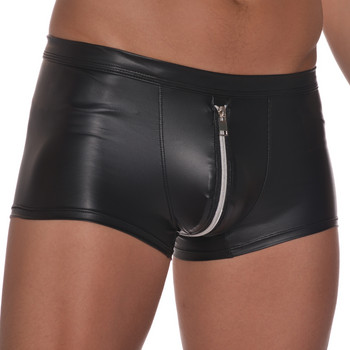 Боксерки Секси мъжки боксерки PU кожени мъжки къси панталони Slip  Pouch Hot Man Underwear Bulge Zipper Open Butt Panties