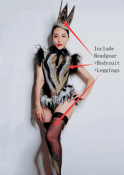 Must-valged sulgedest kivid Bodysuit ööklubi pidu Catwalk võrgust läbipaistev lavakostüüm Naiste laulja kristallid kombinesoon