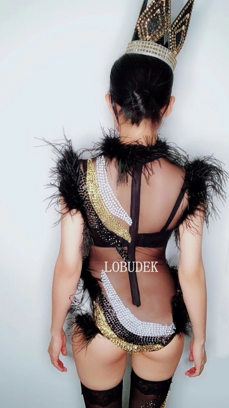 Must-valged sulgedest kivid Bodysuit ööklubi pidu Catwalk võrgust läbipaistev lavakostüüm Naiste laulja kristallid kombinesoon