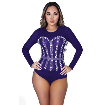 Seksi prozirni mrežasti patchwork bodi s bisernim dijamantima Ženski prozirni kombinezon dugih rukava za party klub Ženski kombinezon Ženska majica