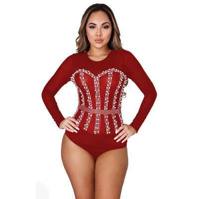 Seksi prozirni mrežasti patchwork bodi s bisernim dijamantima Ženski prozirni kombinezon dugih rukava za party klub Ženski kombinezon Ženska majica