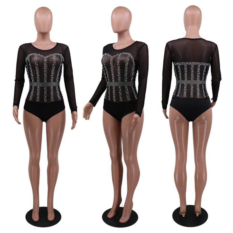 Seksi prozirni mrežasti patchwork bodi s bisernim dijamantima Ženski prozirni kombinezon dugih rukava za party klub Ženski kombinezon Ženska majica