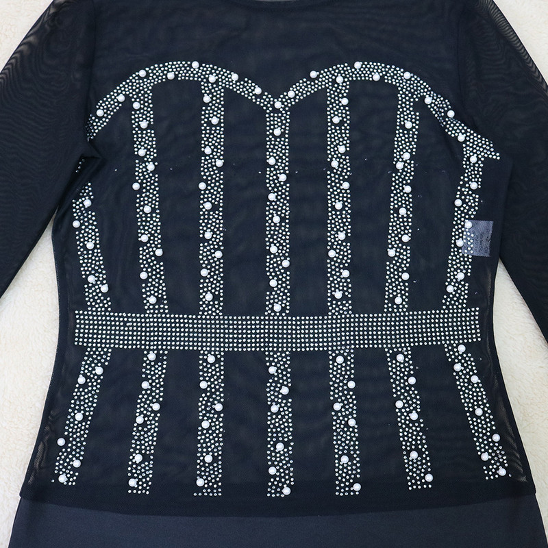 Seksi prozirni mrežasti patchwork bodi s bisernim dijamantima Ženski prozirni kombinezon dugih rukava za party klub Ženski kombinezon Ženska majica