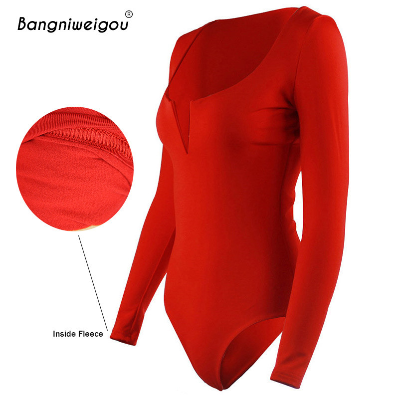 Bangniweigou Sexy decolteu în V subțire fleece bumbac body femei top toamnă mâneci lungi salopete salopete negru roșu alb burgundă