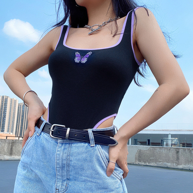 Body din bumbac cu croială înaltă de vară, promoție caldă, de bună calitate, cu broderie de fluture, body negru, pentru femei, 2020, noi salopete sexy