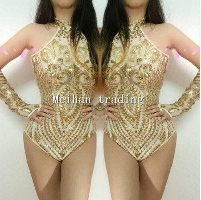 Kuldsete litritega body Vilkuv kaheosaline riietus Särav seksikas sünnipäevapeokostüüm Tähistage etendust Naiste õhtused tantsuriided