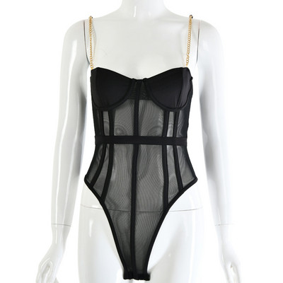 Seksikas Body Shaper Bodies Ühes tükis Body Ülikond Romperid Võrgusilmast Metallist Ketirihmad Clubwear Clubi komplektid Naistele 2021 Punane Must