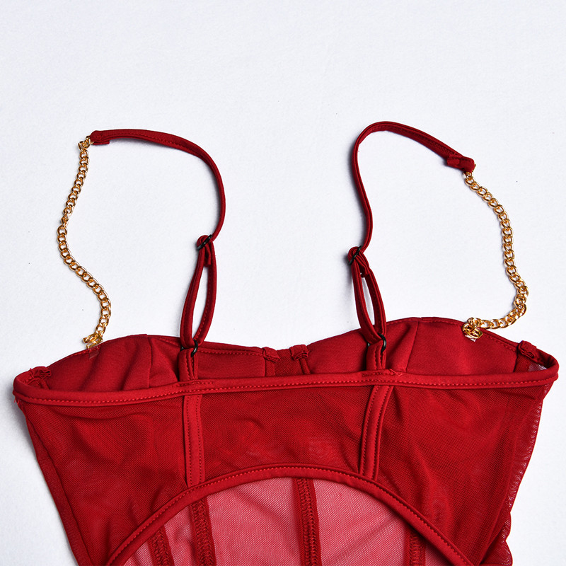 Seksikas Body Shaper Bodies Ühes tükis Body Ülikond Romperid Võrgusilmast Metallist Ketirihmad Clubwear Clubi komplektid Naistele 2021 Punane Must