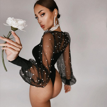 BKLD 2020 Есен и Зима Ново парти Bodycon Clubwear Дрехи за жени Тънки мрежести бодита с мъниста пачуърк с дълъг ръкав Черно