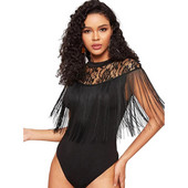 Body skinny cu ciucuri pentru femei sexy, cu decolteu în formă de O, neagră, body cu dantelă, salopete casual