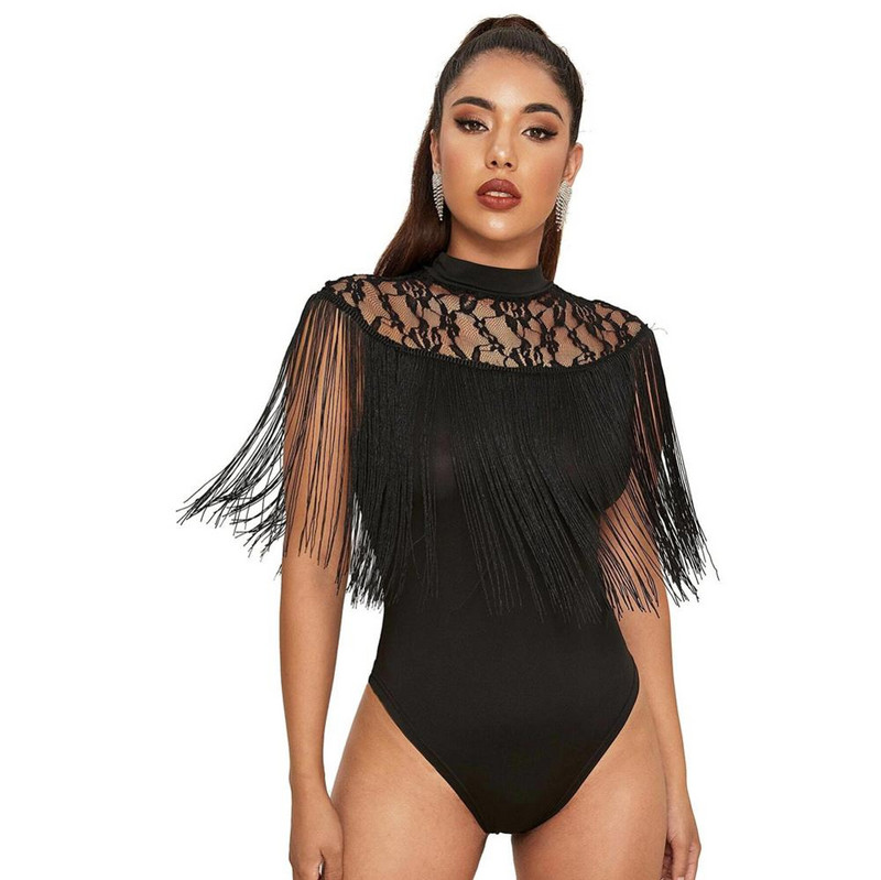 Body skinny cu ciucuri pentru femei sexy, cu decolteu în formă de O, neagră, body cu dantelă, salopete casual