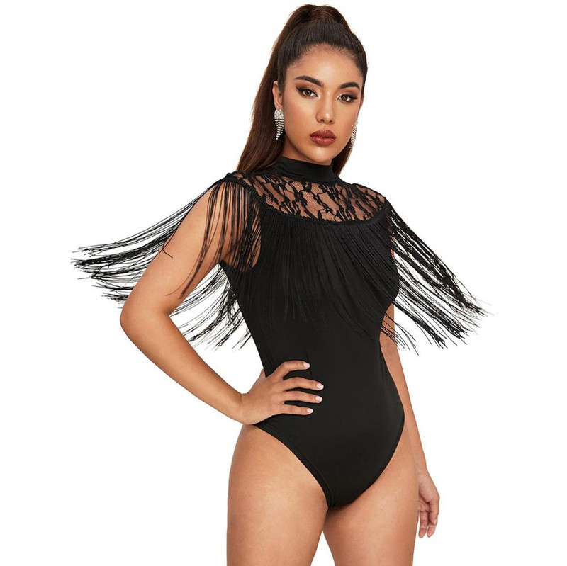 Body skinny cu ciucuri pentru femei sexy, cu decolteu în formă de O, neagră, body cu dantelă, salopete casual