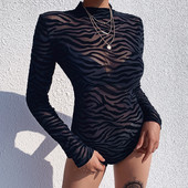 Body negru în stil gotic pentru femei, corset din plasă transparentă, cu mânecă lungă, tricou, cu gât rotic, cu imprimeu, cu tigru