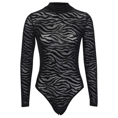 Body negru în stil gotic pentru femei, corset din plasă transparentă, cu mânecă lungă, tricou, cu gât rotic, cu imprimeu, cu tigru