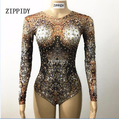 Kuldse kivitrükiga trükitud bodi tantsuriided Naislaulja tantsija õhtune peoetendus Stretch Crystals kostüümid lavarõivad