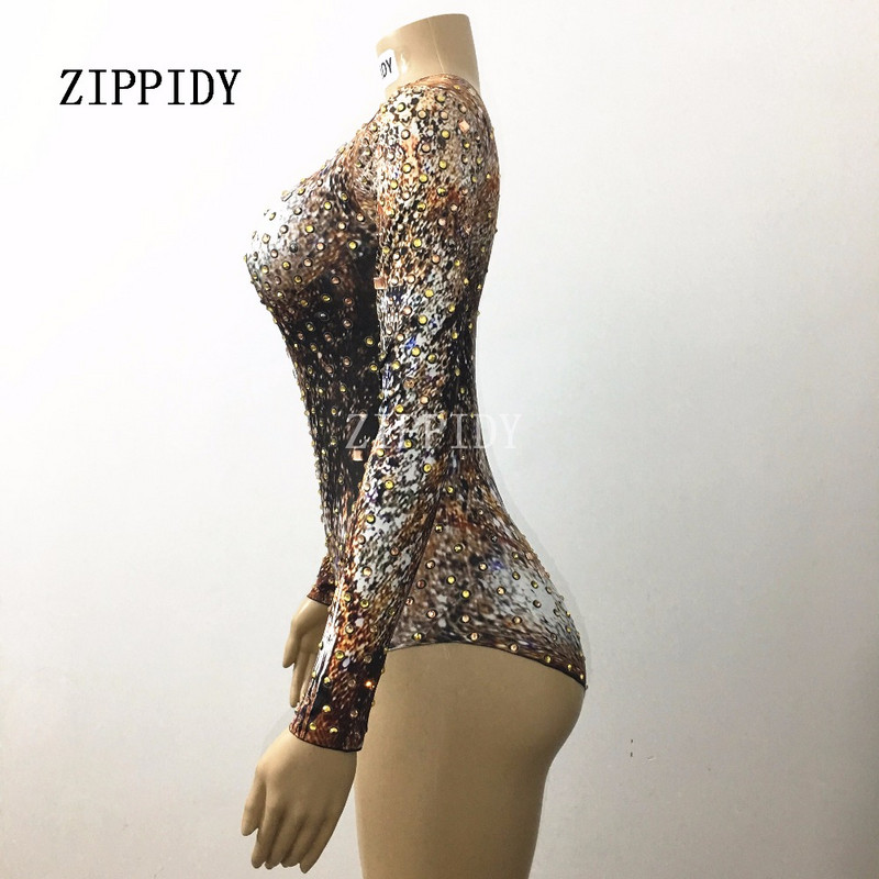 Kuldse kivitrükiga trükitud bodi tantsuriided Naislaulja tantsija õhtune peoetendus Stretch Crystals kostüümid lavarõivad