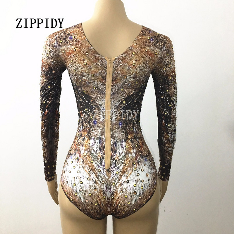 Kuldse kivitrükiga trükitud bodi tantsuriided Naislaulja tantsija õhtune peoetendus Stretch Crystals kostüümid lavarõivad
