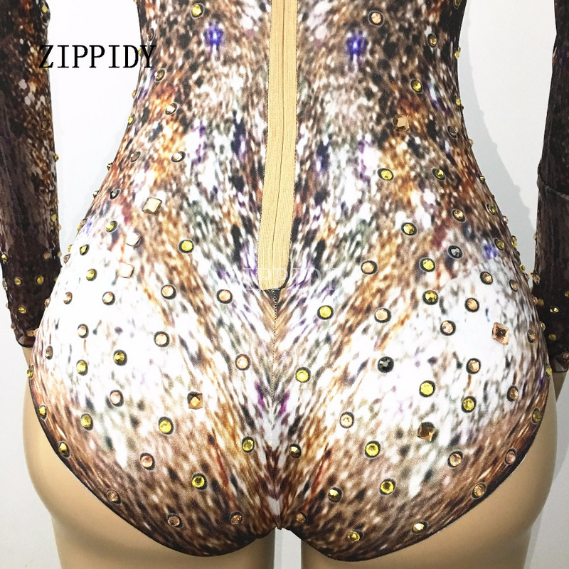 Kuldse kivitrükiga trükitud bodi tantsuriided Naislaulja tantsija õhtune peoetendus Stretch Crystals kostüümid lavarõivad