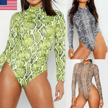 2020 ново дамско тънко боди с дълъг ръкав Топ със змийска кожа Club Party Bodycon Bodysuit Гащеризон Лято Есен Секси топ