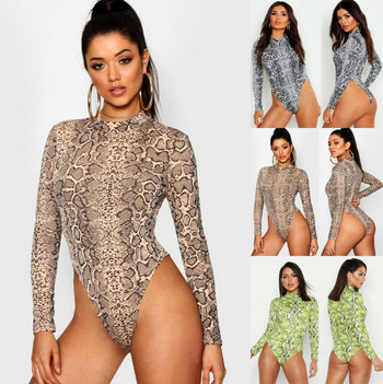 2020 ново дамско тънко боди с дълъг ръкав Топ със змийска кожа Club Party Bodycon Bodysuit Гащеризон Лято Есен Секси топ