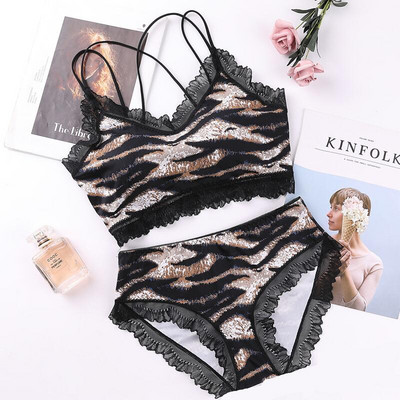 Γυναικεία εσώρουχα σετ γυναικείων εσωρούχων με φανταχτερό σέξι λεοπάρ τύπωμα Temptation Lace Bralette Wire Free Push Up Brassiere Γυναικείο κοστούμι εσωρούχων
