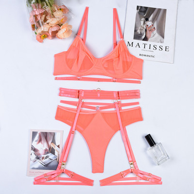 MIRABELLE Lenjerie senzuală pentru femei Set sutien și chiloți transparent sexy Set de lenjerie intima erotică din dantelă cu patchwork Jartiere Set exotic