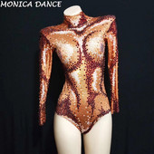 Σέξι στρας Sparkly AB Beads Πορτοκαλί κορμάκι Big Stretch Outfit Νυχτερινό κέντρο Γενέθλια DS Στολή Γυναικεία τραγουδίστρια Dance Leotard
