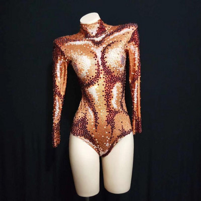 Σέξι στρας Sparkly AB Beads Πορτοκαλί κορμάκι Big Stretch Outfit Νυχτερινό κέντρο Γενέθλια DS Στολή Γυναικεία τραγουδίστρια Dance Leotard