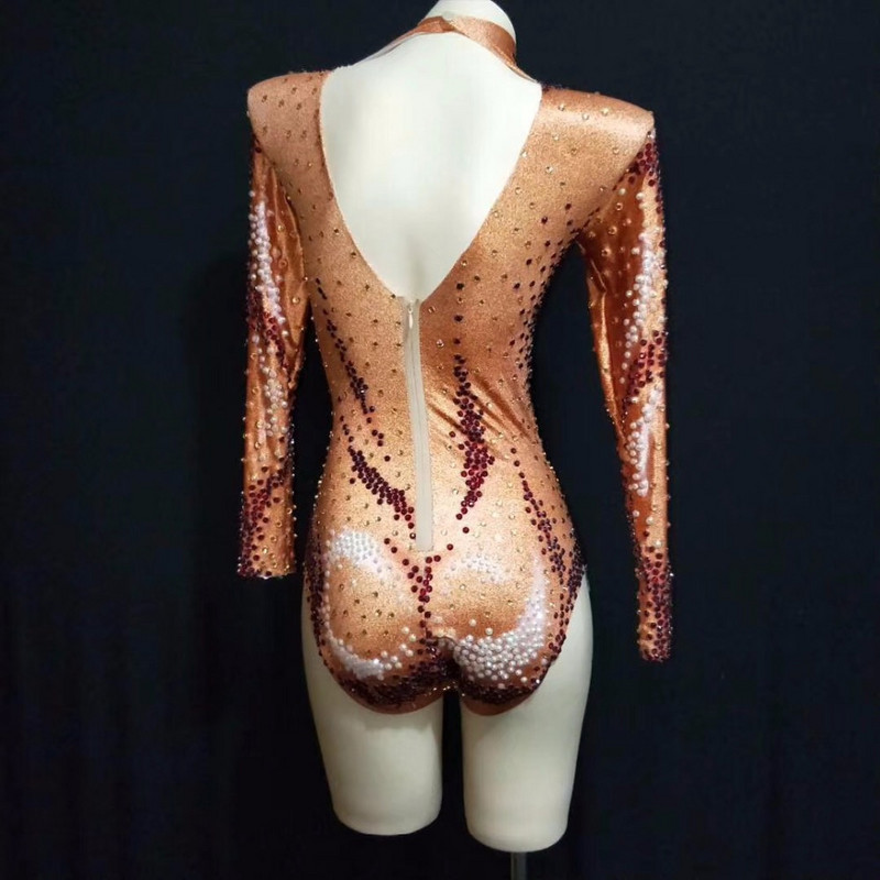 Σέξι στρας Sparkly AB Beads Πορτοκαλί κορμάκι Big Stretch Outfit Νυχτερινό κέντρο Γενέθλια DS Στολή Γυναικεία τραγουδίστρια Dance Leotard