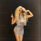 Body fără mâneci pentru femei, bar modern, cântăreață, găzduit de argint, cu guler înalt, ciucuri, salopete pentru adulți, costum de scenă