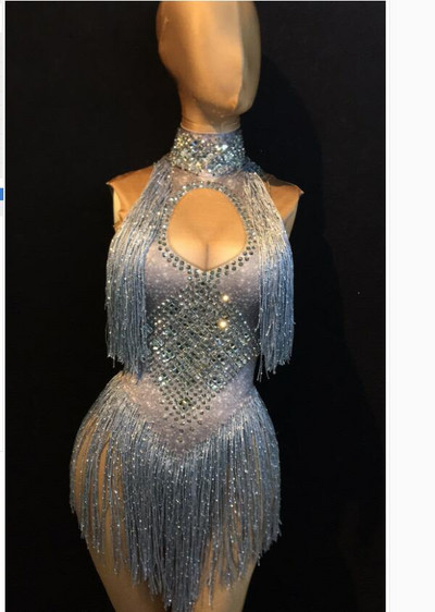 Body fără mâneci pentru femei, bar modern, cântăreață, găzduit de argint, cu guler înalt, ciucuri, salopete pentru adulți, costum de scenă