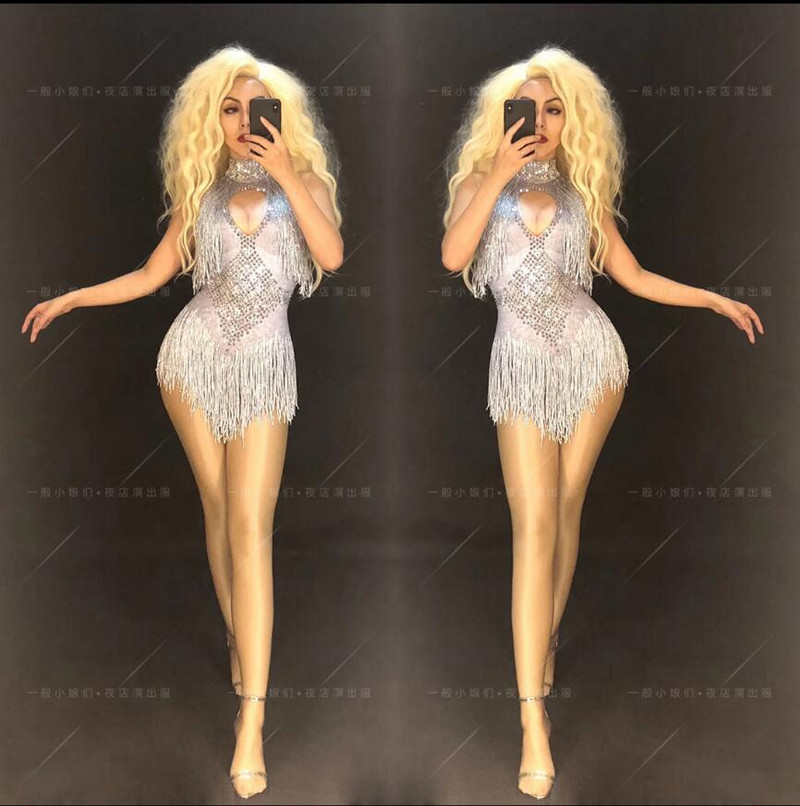 Body fără mâneci pentru femei, bar modern, cântăreață, găzduit de argint, cu guler înalt, ciucuri, salopete pentru adulți, costum de scenă