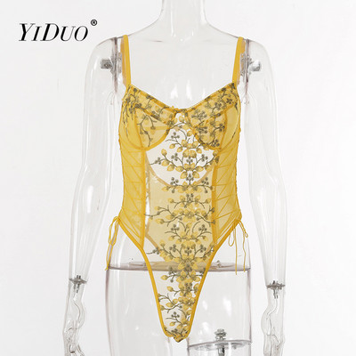 Body galben YiDuo, pentru femei, din dantelă, cu broderie florală, din plasă, cu bandaj, cu corp transparent, salopete sexy, costum de corp, ținută de club