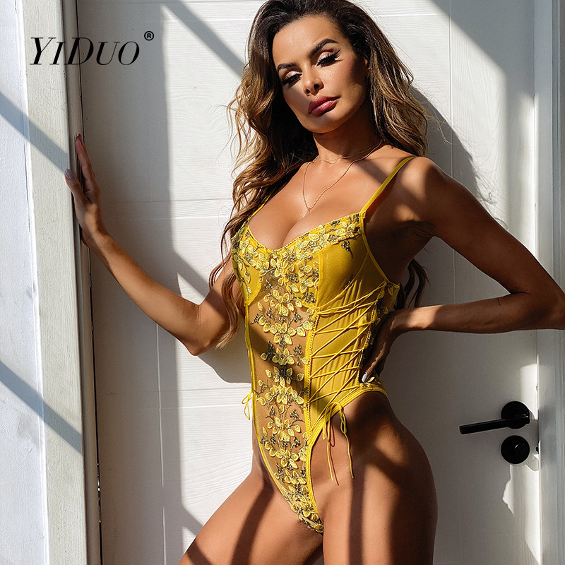 Body galben YiDuo, pentru femei, din dantelă, cu broderie florală, din plasă, cu bandaj, cu corp transparent, salopete sexy, costum de corp, ținută de club