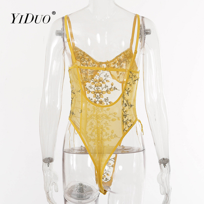 Body galben YiDuo, pentru femei, din dantelă, cu broderie florală, din plasă, cu bandaj, cu corp transparent, salopete sexy, costum de corp, ținută de club