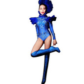 Mood Sinised Suled Rhinestone Party Bodysuit Naiste elastsed sukkpüksid Crystal Dance Trikoo ööklubi show Laulja lava kostüümid