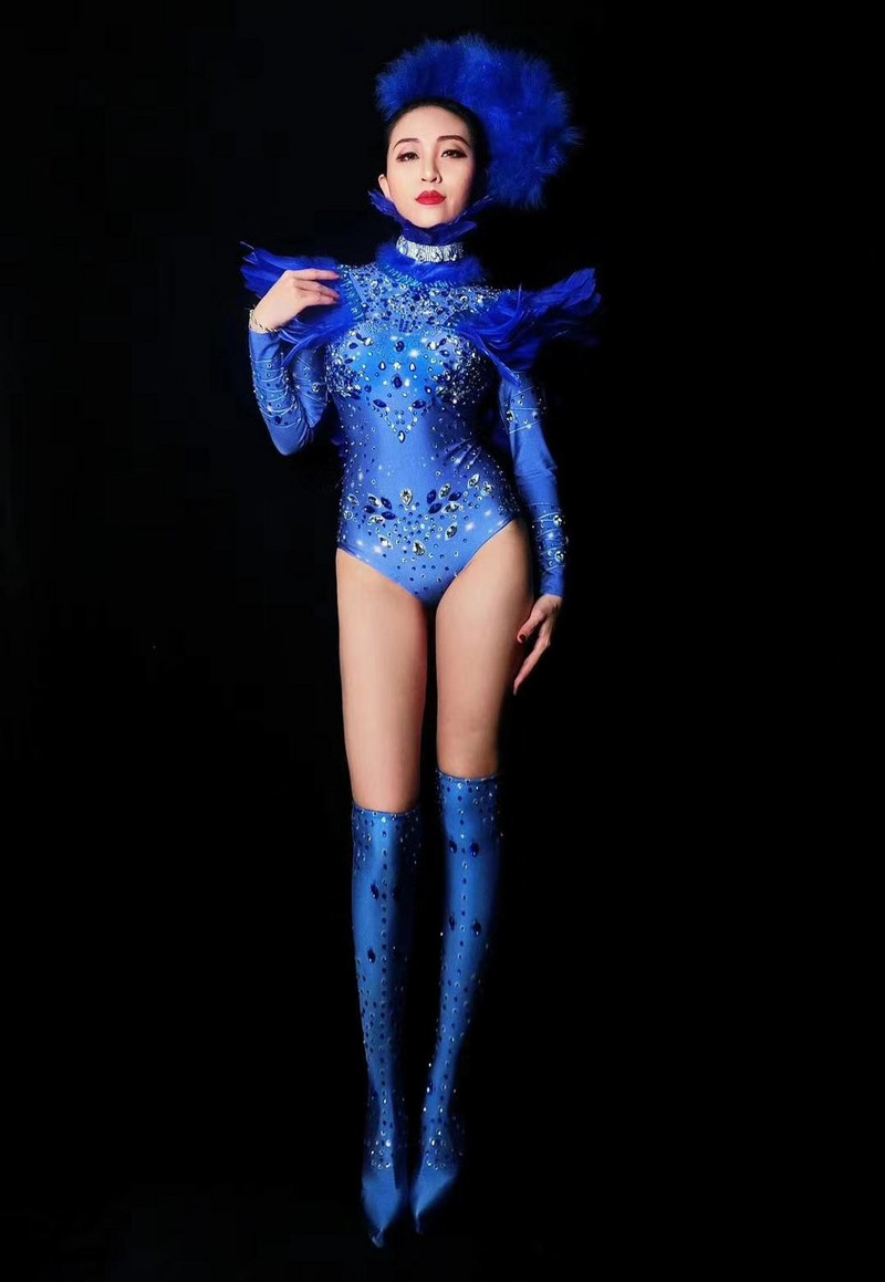 Mood Sinised Suled Rhinestone Party Bodysuit Naiste elastsed sukkpüksid Crystal Dance Trikoo ööklubi show Laulja lava kostüümid