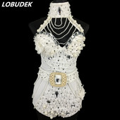 Beading Halter Bodysuit Red White Pearls Crystals Jumpsuit Naiste Seksikas seljata kostüüm Ööklubi baar DJ Laulja Show Lavavarustus