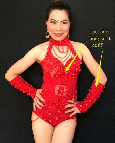 Beading Halter Bodysuit Red White Pearls Crystals Jumpsuit Naiste Seksikas seljata kostüüm Ööklubi baar DJ Laulja Show Lavavarustus