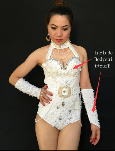 Beading Halter Bodysuit Red White Pearls Crystals Jumpsuit Naiste Seksikas seljata kostüüm Ööklubi baar DJ Laulja Show Lavavarustus