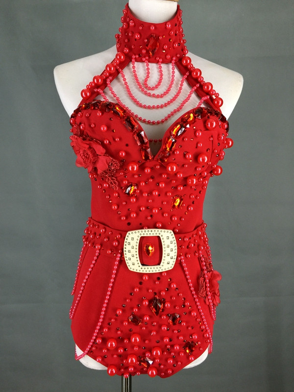 Beading Halter Bodysuit Red White Pearls Crystals Jumpsuit Naiste Seksikas seljata kostüüm Ööklubi baar DJ Laulja Show Lavavarustus